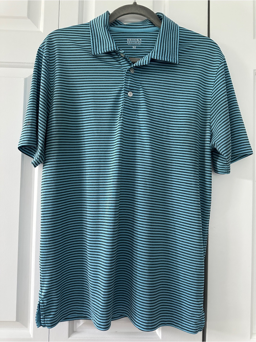 Brooks Brothers Performance Polo Shirt Men’s Medium Blue Gray Striped Stretch